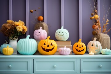 Minimal pastel pumpkins Halloween decoration at home. Trendy modern pastel pumpkins on table....