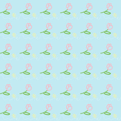Tulip flowers and butterfly pattern in blue background illustration