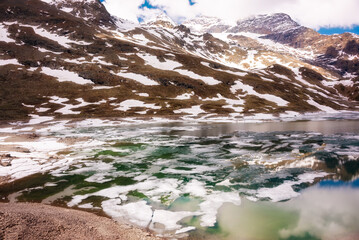 Lake in Switzerland in spring with some ice, swiss alps landscape