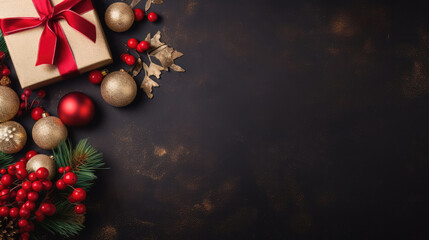 Christmas background with decorations and gift box. Top view with copy space
