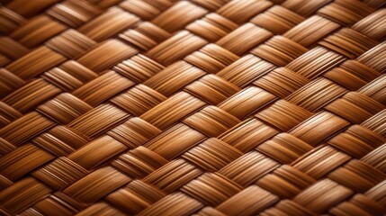 Close up view of woven bamboo mat with brown background.