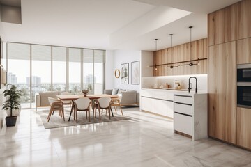 Modern Miami condo with elegant interior featuring white and wooden elements, depicted in high-detail 3D rendering. Generative AI