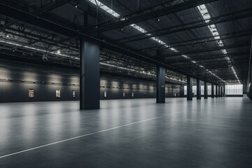Empty hall in 3D rendered exhibition center with backdrop for stands. Generative AI