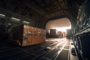 Loading large boxes into cargo plane hold. Generative AI