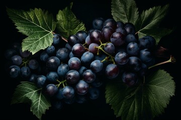 Watercolor grapes pattern on black, inspired by botanical art. Generative AI