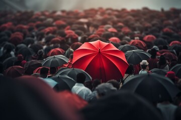 Unique concept of a red umbrella amidst a crowd. Generative AI