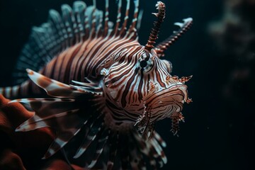 Naklejka na ściany i meble Macro shot of a striking lionfish. Generative AI
