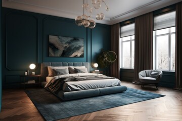 Modern and luxurious primary bedroom with blue area rug. Generative AI