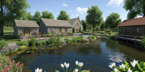Fototapeta premium Scenic pond environment with village in the background photorealistic