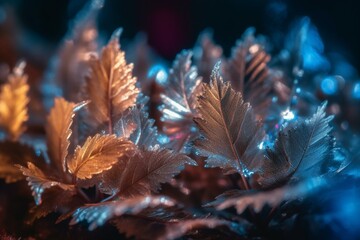 Detailed view of frosty crystals on colorful leaves. Generative AI