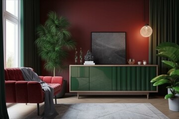 Contemporary living space featuring a green wall, sideboard, dresser, red armchair, and curtains. 3D visualization. Generative AI