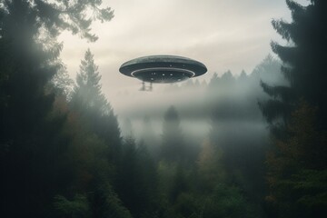 Unidentified flying object above misty woodland. Generative AI