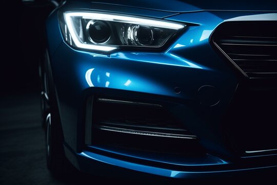 Blue car's front headlights on a black background with space to add content. Generative AI