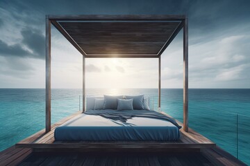 Bed on tranquil ocean with cloudy skies, outdoor bedroom, 3D art. Generative AI