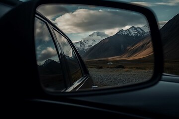 Fototapeta na wymiar The reflection of the mountains behind in the car mirror. Generative AI