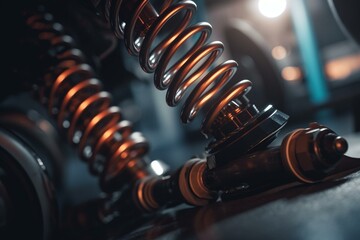 Advanced automotive suspension system featuring a coil spring integrated within a contemporary strut design. Generative AI - obrazy, fototapety, plakaty