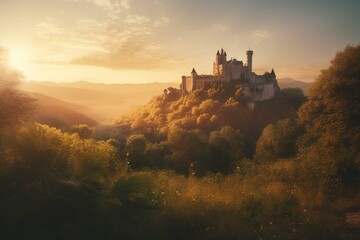 Fototapeta na wymiar A castle and countryside scenery at sunrise. Generative AI