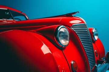 A stunning red vintage vehicle displayed against a vibrant blue backdrop. Generative AI