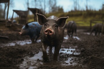 Muddy pigs freely wander the farm. Generative AI