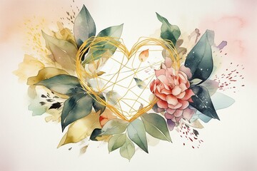 Watercolor floral illustration with a leaf wreath/frame and a gold heart-shaped geometric, suitable for wedding stationary, greetings, wallpapers, and fashion. Generative AI