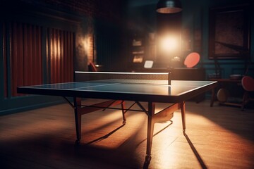 3D rendered background featuring a ping pong table tennis. Generative AI - obrazy, fototapety, plakaty