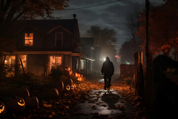Dark Halloween evening with a character on a bicycle. Generative AI