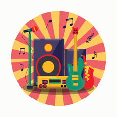 Colorful music background, microphone speaker guitar saxophone boombox music festival colorful background vector illustration