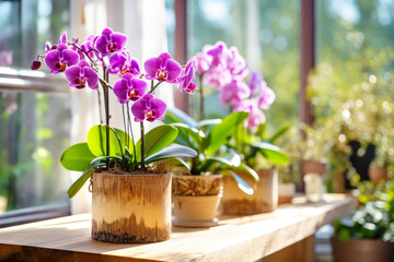 Lavish lilac blooms of the tropical phalaenopsis orchid enrich the indoor setting - obrazy, fototapety, plakaty