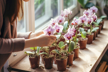 A woman's hands take care of a blooming pink phalaenopsis orchid on the window