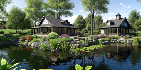 Obraz premium Scenic pond environment with village in the background photorealistic