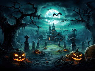 Halloween background with spooky cemetery gravestones, pumpkins and bats on a night sky