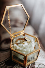 Glass box with wedding rings. Details of the groom