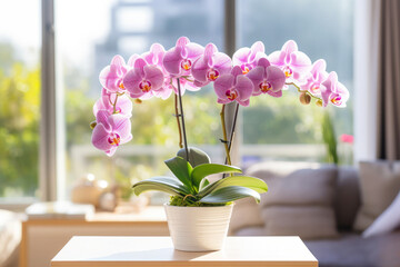 Fototapeta na wymiar Phalaenopsis, the tropical orchid, adorns indoor spaces with its exotic lilac blooms