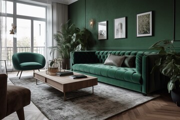 Interior design of a living room with a green color scheme. Generative AI