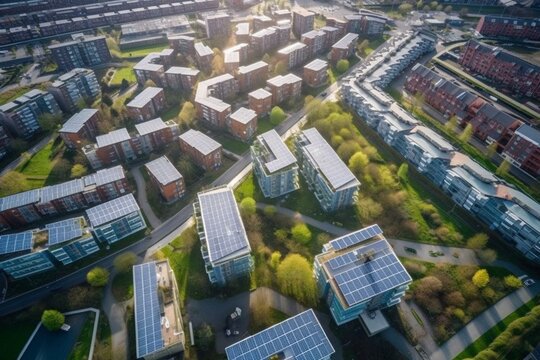 Eco-friendly Almere neighborhood. City heating powered by solar panel island. Aerial view. Generative AI