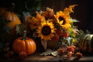 Naklejka na ściany i meble Autumn bouquet with sunflower and pumpkin. Generative AI