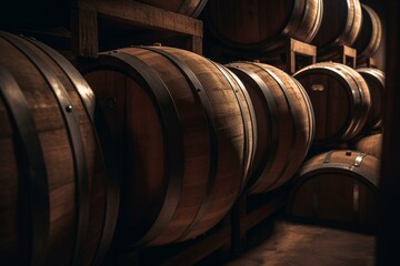 closeup of large wooden wine barrels in cellar. Generative AI