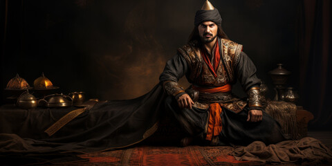 An Ottoman emppire warrior, a young janissary sitting in a Ottoman tent waiting for battle. Generative AI