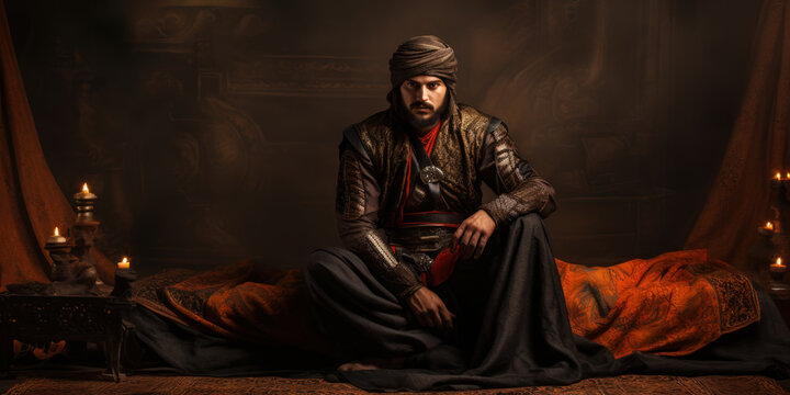 An Ottoman emppire warrior, a young janissary sitting in a Ottoman tent waiting for battle. Generative AI