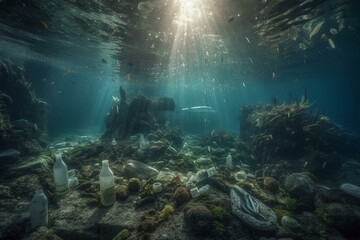 Marine pollution caused by plastic debris like bottles and cans ruins the underwater environment. Generative AI