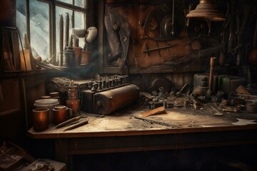 An aged painting showcasing a weathered leather working workshop brimming with antiquated tools and machinery. Generative AI - obrazy, fototapety, plakaty
