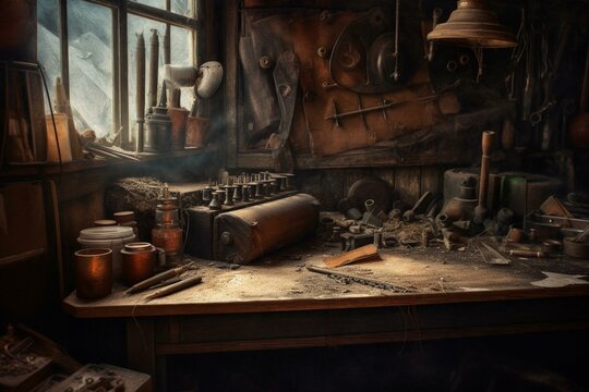 An aged painting showcasing a weathered leather working workshop brimming with antiquated tools and machinery. Generative AI