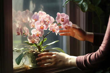 Nurturing a blooming Phalaenopsis orchid on the windowsill: female hands