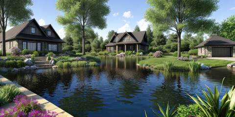 Obraz premium Scenic pond environment with village in the background photorealistic