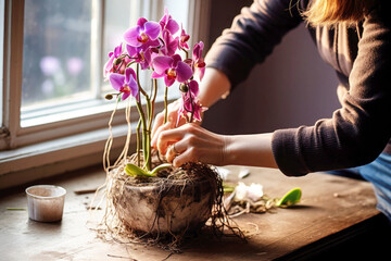 The hostess trims off the dry roots of a phalaenopsis orchid