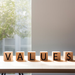 values, wooden blocks spelling values, value$, money, principles, background, presentation, hr, business, economy, induction,  motivation, vision, mission