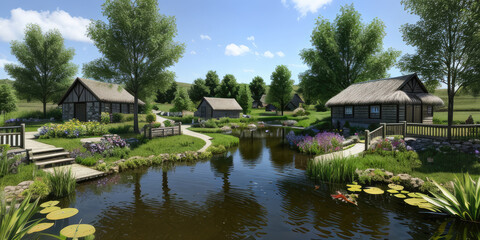 Fototapeta na wymiar Scenic pond environment with village in the background photorealistic