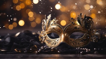 Luxurious venetian mask over a bokeh background of black golden. Design for a Christmas and New Year's celebration banner. Fantasy masquerade ball for carnival. - obrazy, fototapety, plakaty