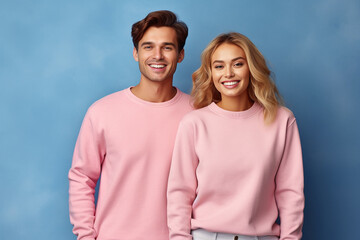 Obraz premium Close-up portrait of young loving couple embracing while standing in studio. Couple in athletic sweater. Photo shoot of lovely couple sweater. Generative AI.