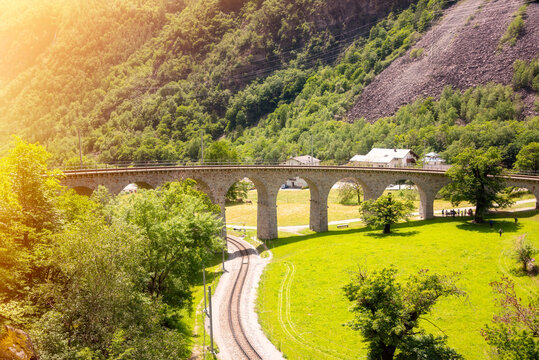 Brusio viaduct in Switzerland, famous landmark and a railway